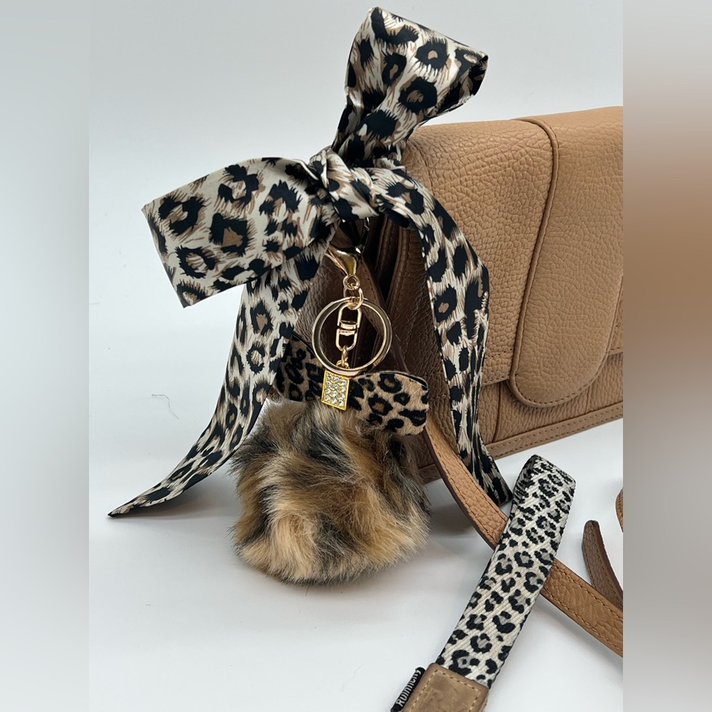 Leopard Print Bag Scarf, Faux Fur & Rhinestone Bag Charm & Wrist Strap Keychain